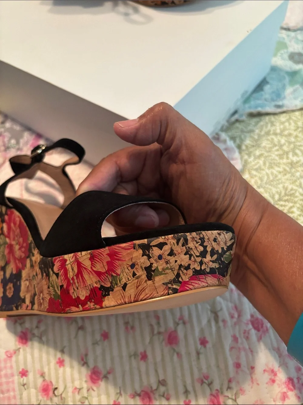 Anthropologie Black Suede Floral Cork-Style Platform Wedge Sandals